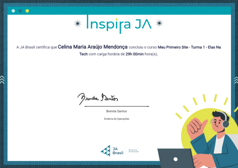 certificado do curso Meu primeiro site - Elas Na Tech - Inspira JA